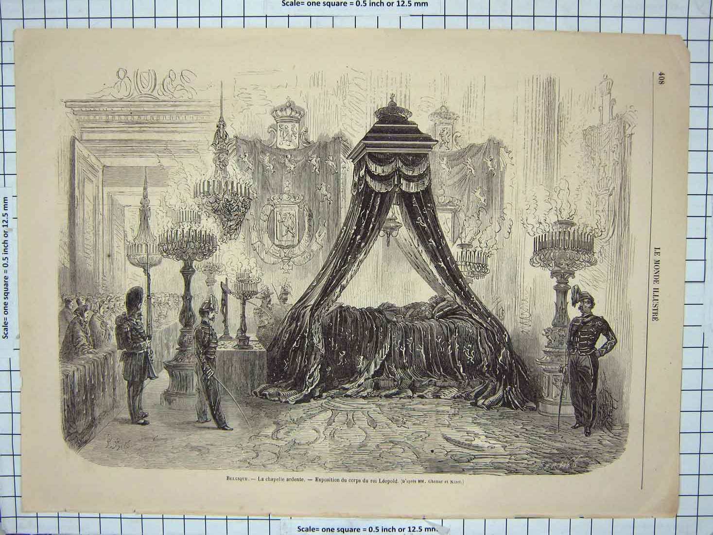 Original Old Antique Print Belgium Scene Death Bed King LeopGuards
