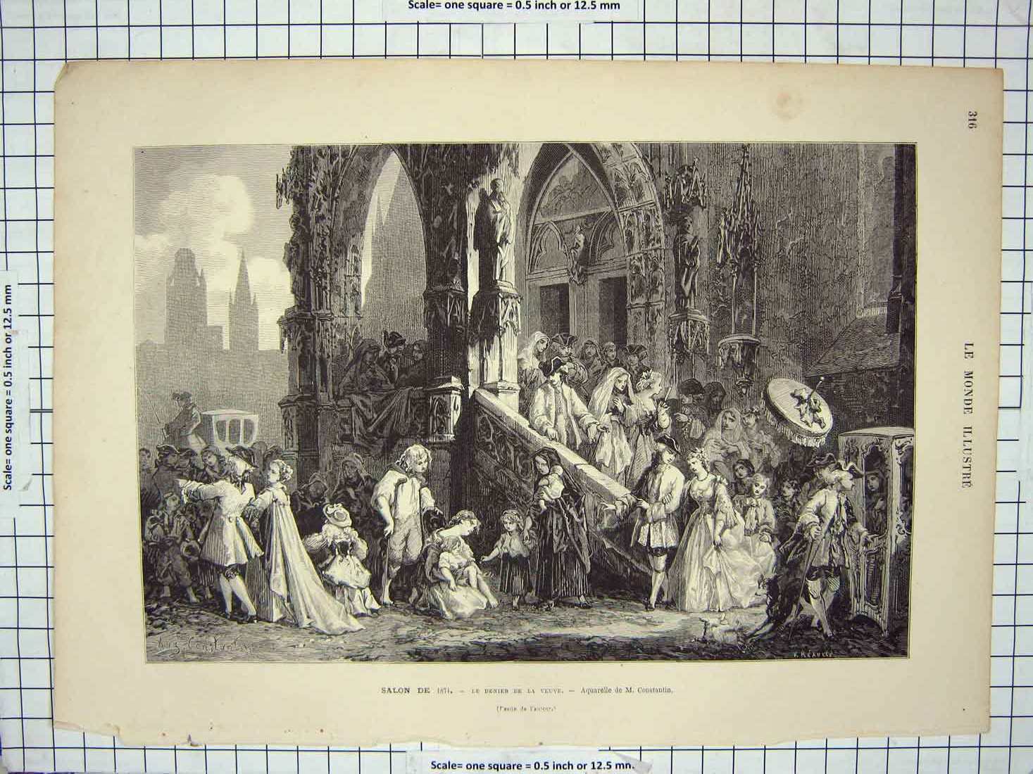 Original Old Antique Print 1874 Salon Denier Veuve Children Architecture 19th