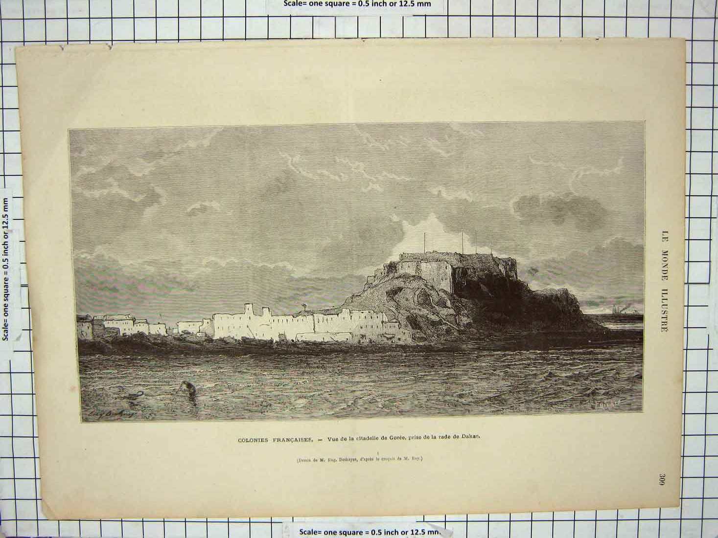 Old Antique Print France Citadelle Goree Prise Rade Dakar Fort Defences