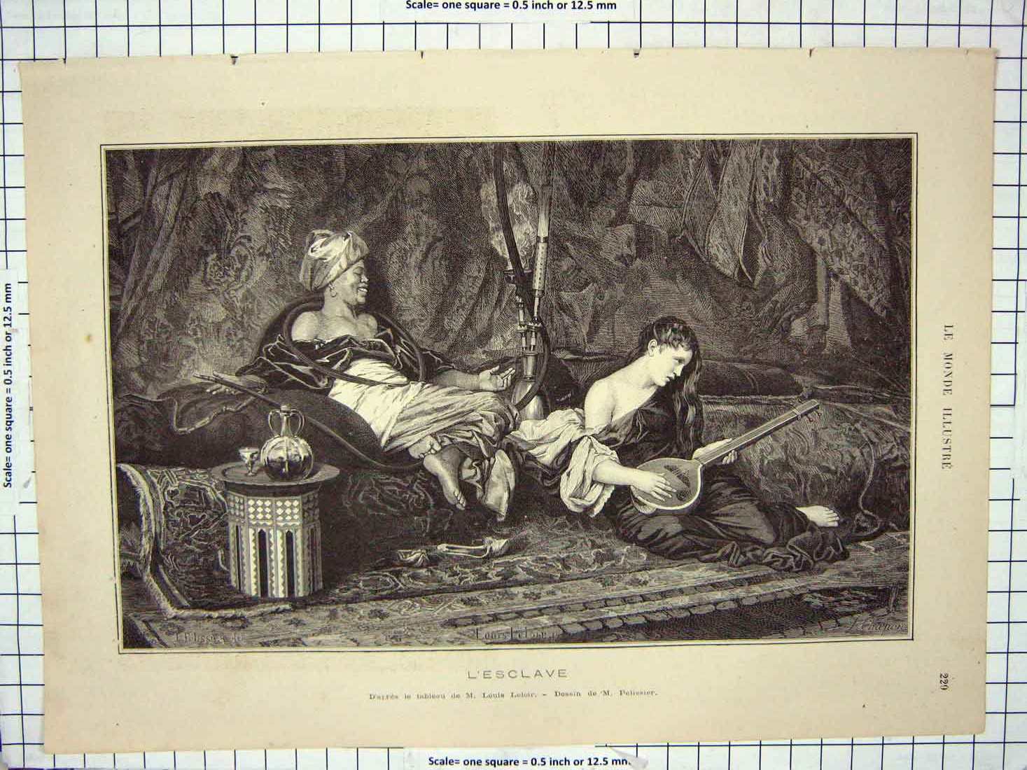 Old Antique Print Louis Leloir Fine Art Music Lady Native Man Pelissier
