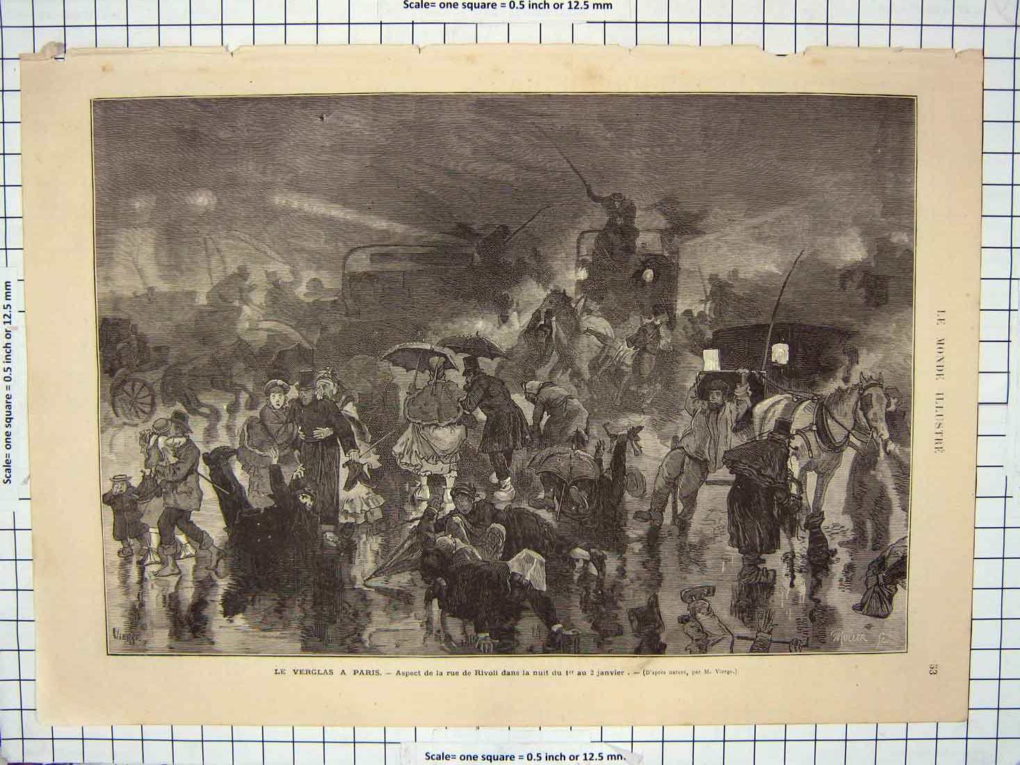 Original Old Antique Print Verglas Paris France Rivoli Street Scene Fine Art