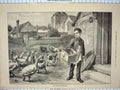 Old Antique Print 1885 Boy Christmas Club Basket Geese Farm House Animals 19th