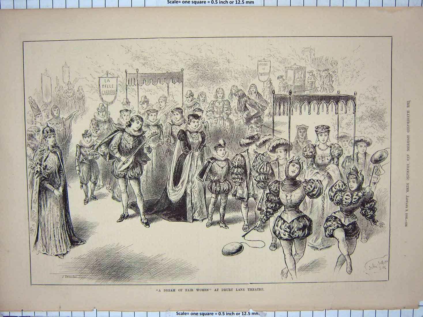 Original Old Antique Print 1886 Drury Lane Theatre Dream Fair Women Victorian
