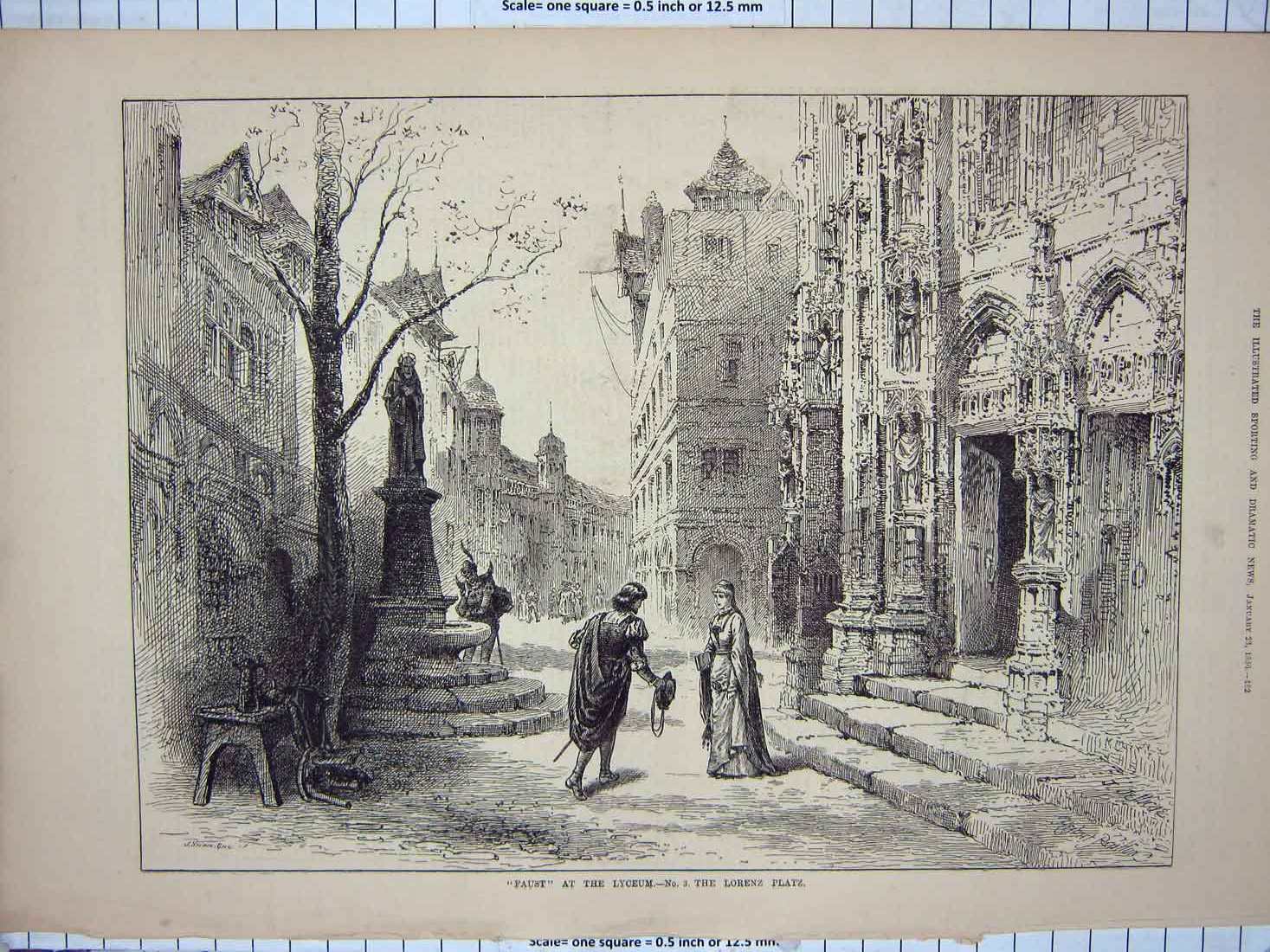 Original Old Antique Print 1886 Faust Lyceum Theatre Street Scene Architecture
