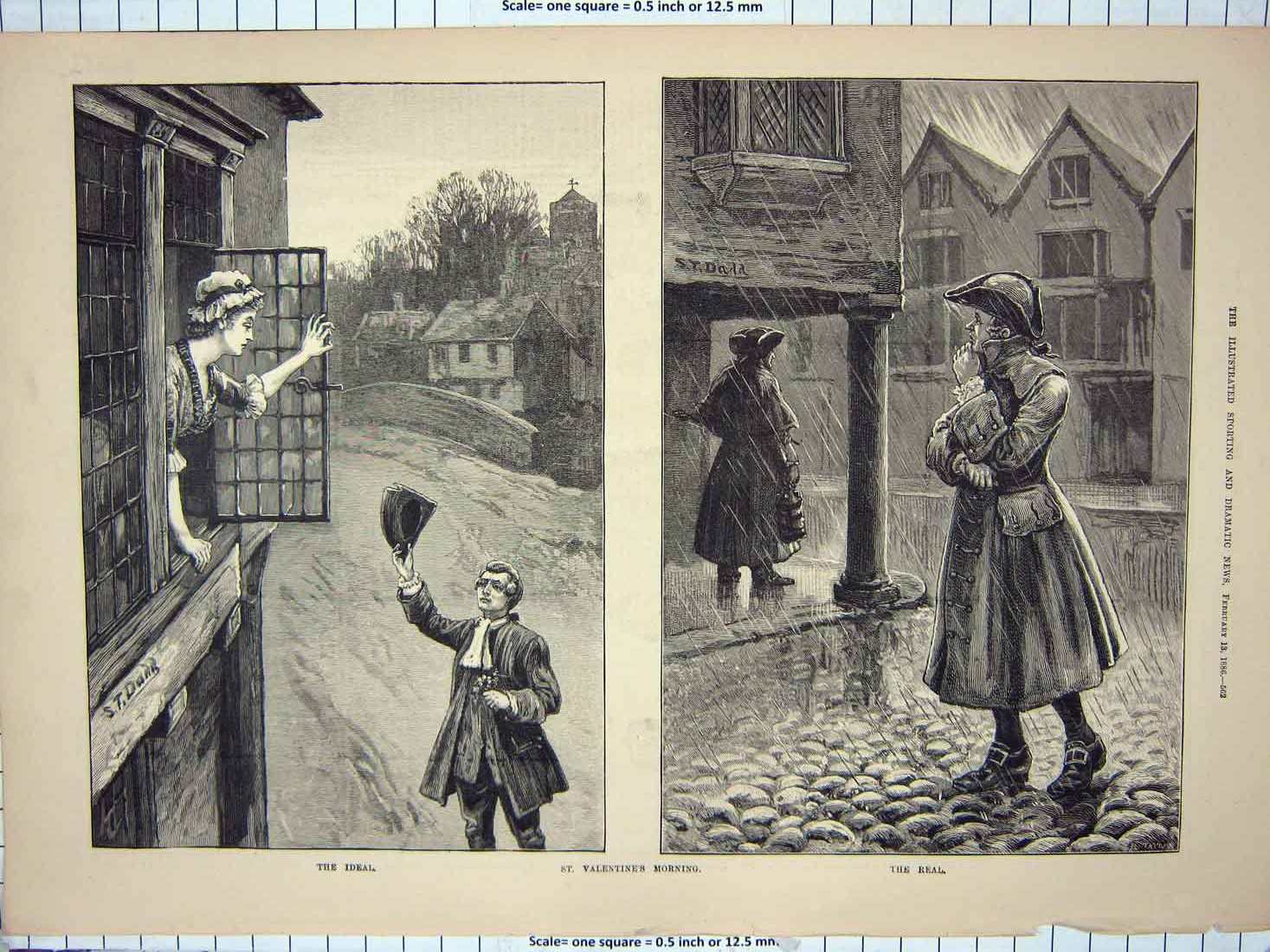 Original Old Antique Print 1886 St. Valentines Morning Romance Flowers Fine Art