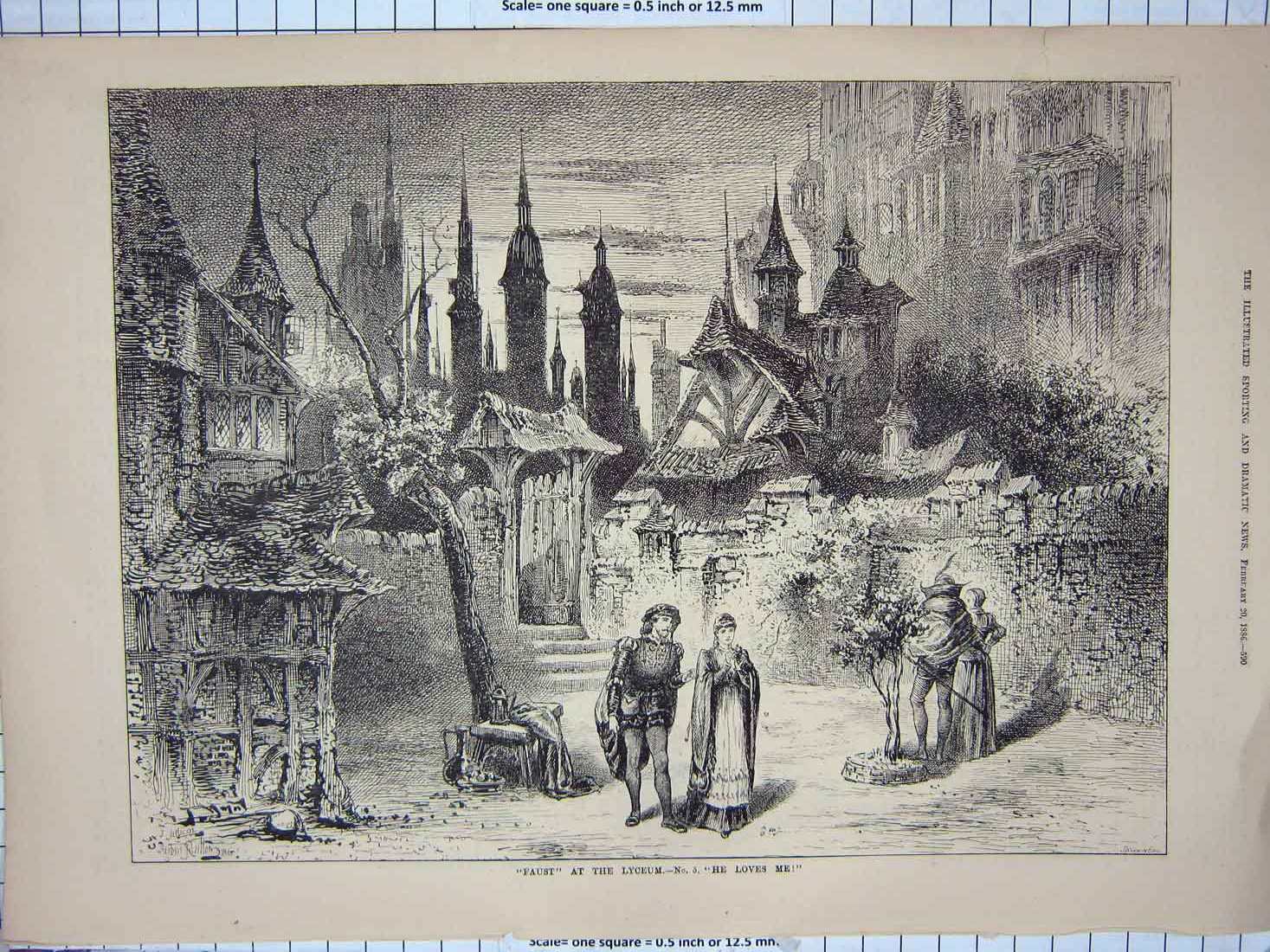 Original Old Antique Print 1886 Faust Lyceum Theatre Romance Scene Victorian