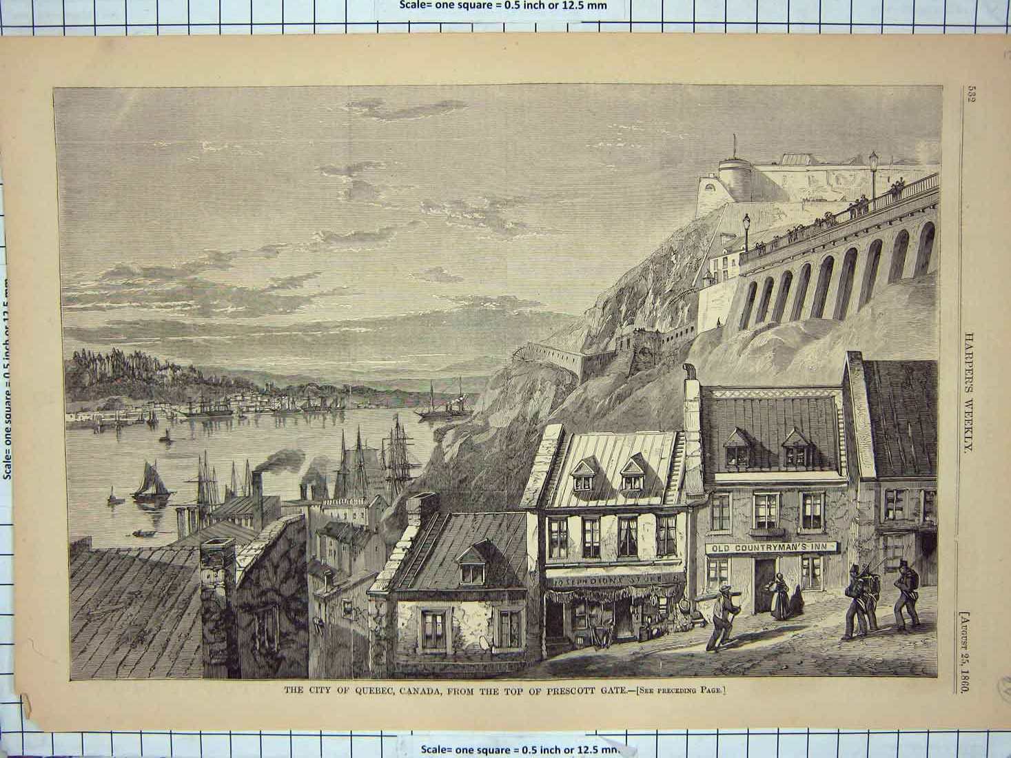 Original Old Antique Print 1860 City Quebec Canada Prescott Gate Ships Houses