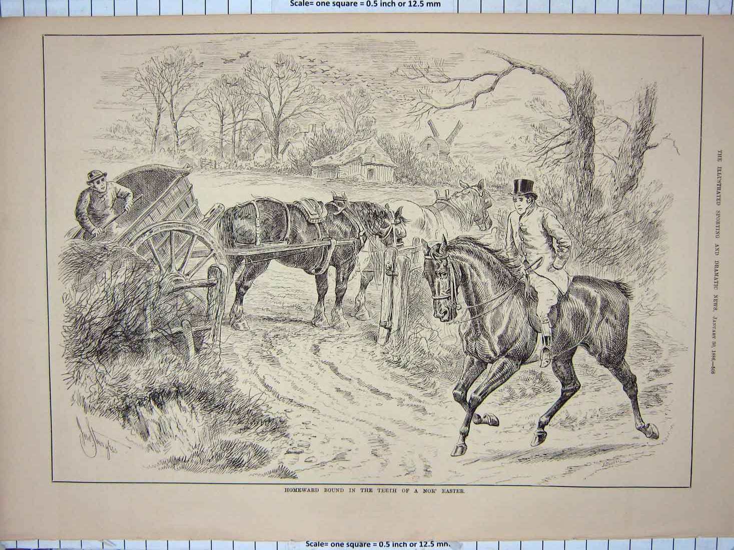 Original Old Antique Print 1886 Huntsman Horse Country Road Farm Cart Victorian