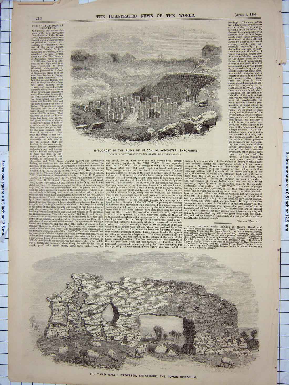 Old Antique Print 1859 Wall Wroxetr Roman Uriconium Hypocaust Shropshire 19th