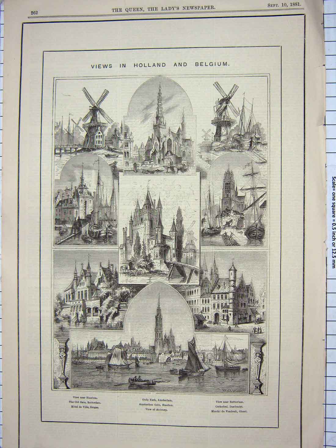 Original Old Antique Print 1881 Holland Belgium Haarlem Amsterdam Ghent Antwerp