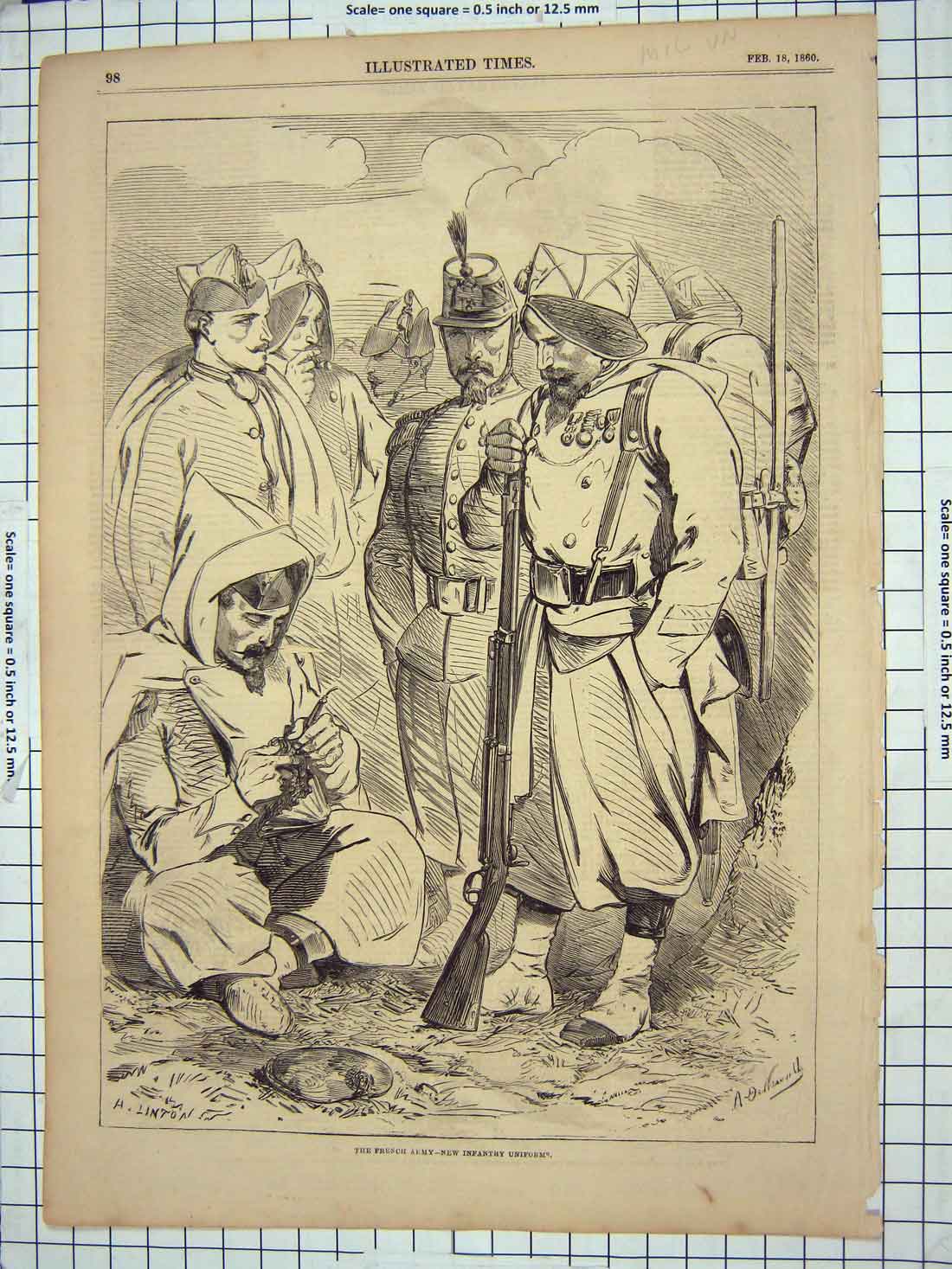 Original Old Antique Print 1860 French Army Infantry Uniform Military War 19th