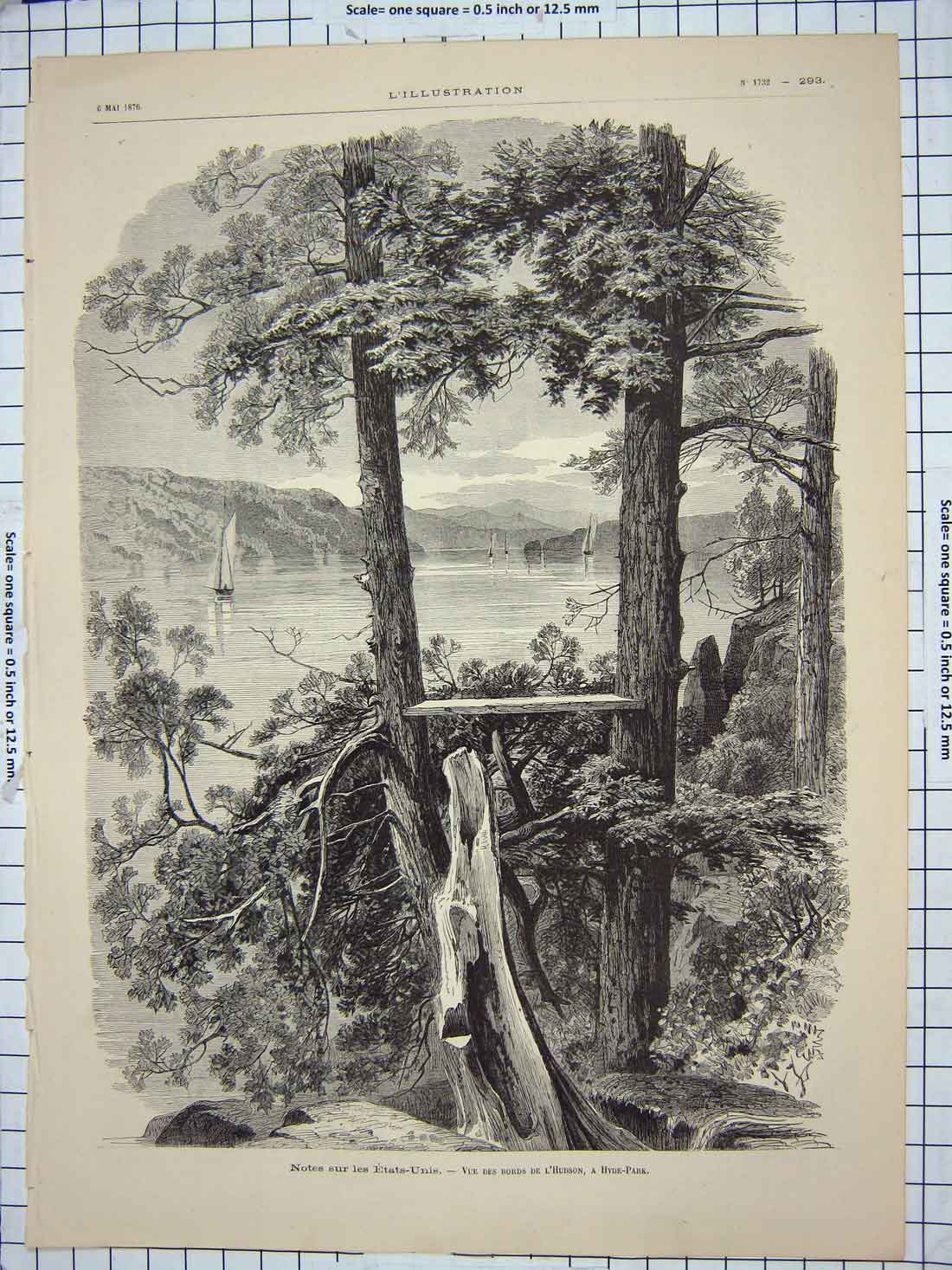 Original Old Antique Print 1876 Notes Sur Les Etats-Unis Trees Lake Boats Park