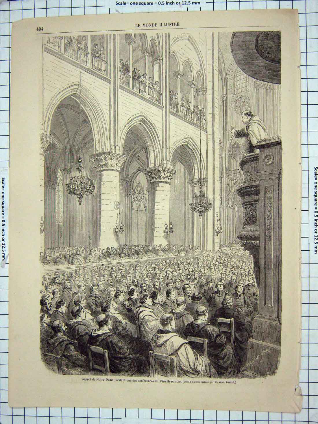 Original Old Antique Print Interior Notre Dame Pere Hyacinth Architecture Franc
