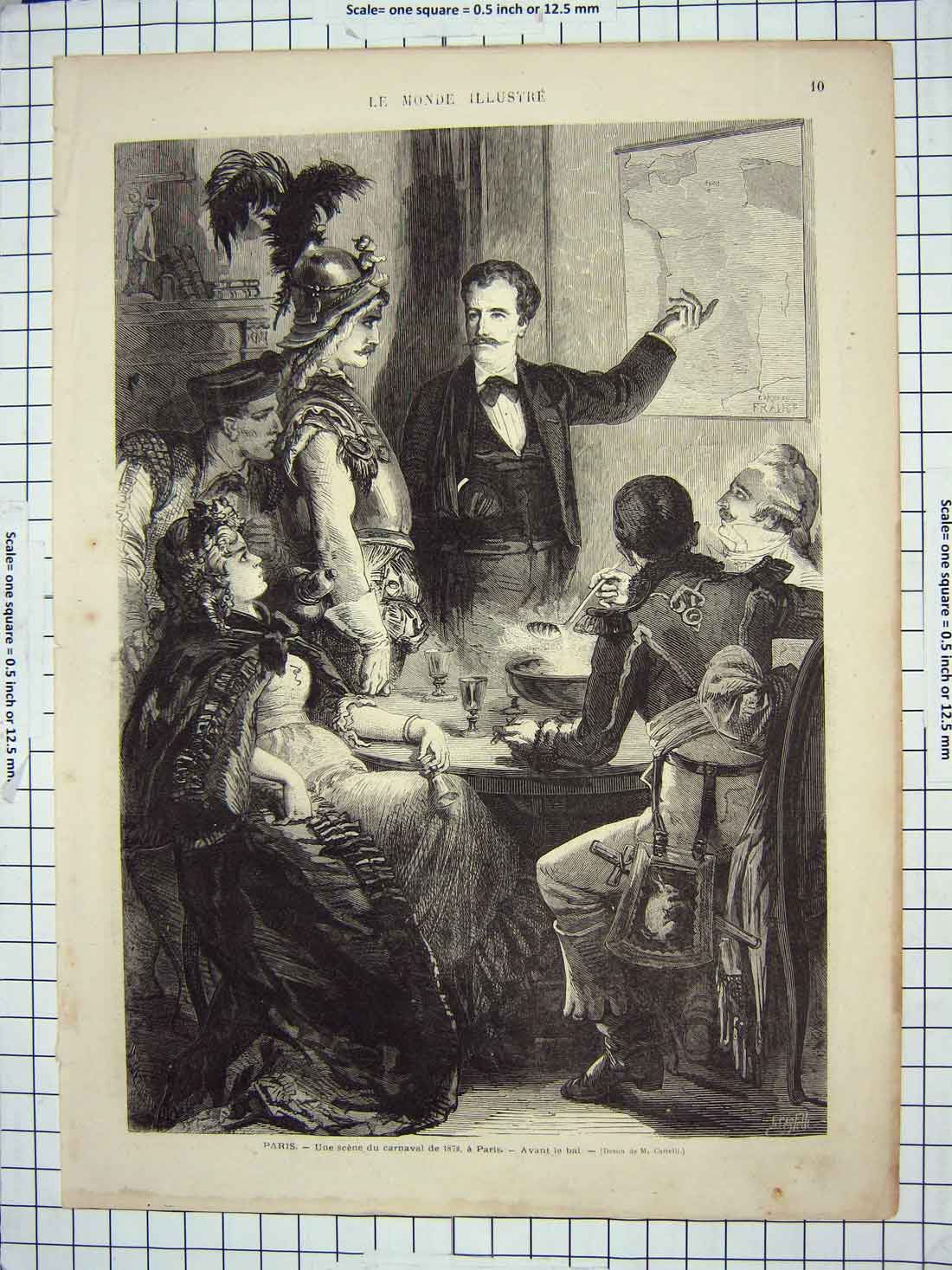 Original Old Antique Print Paris Scene Carnaval Pople Table France 18th Century