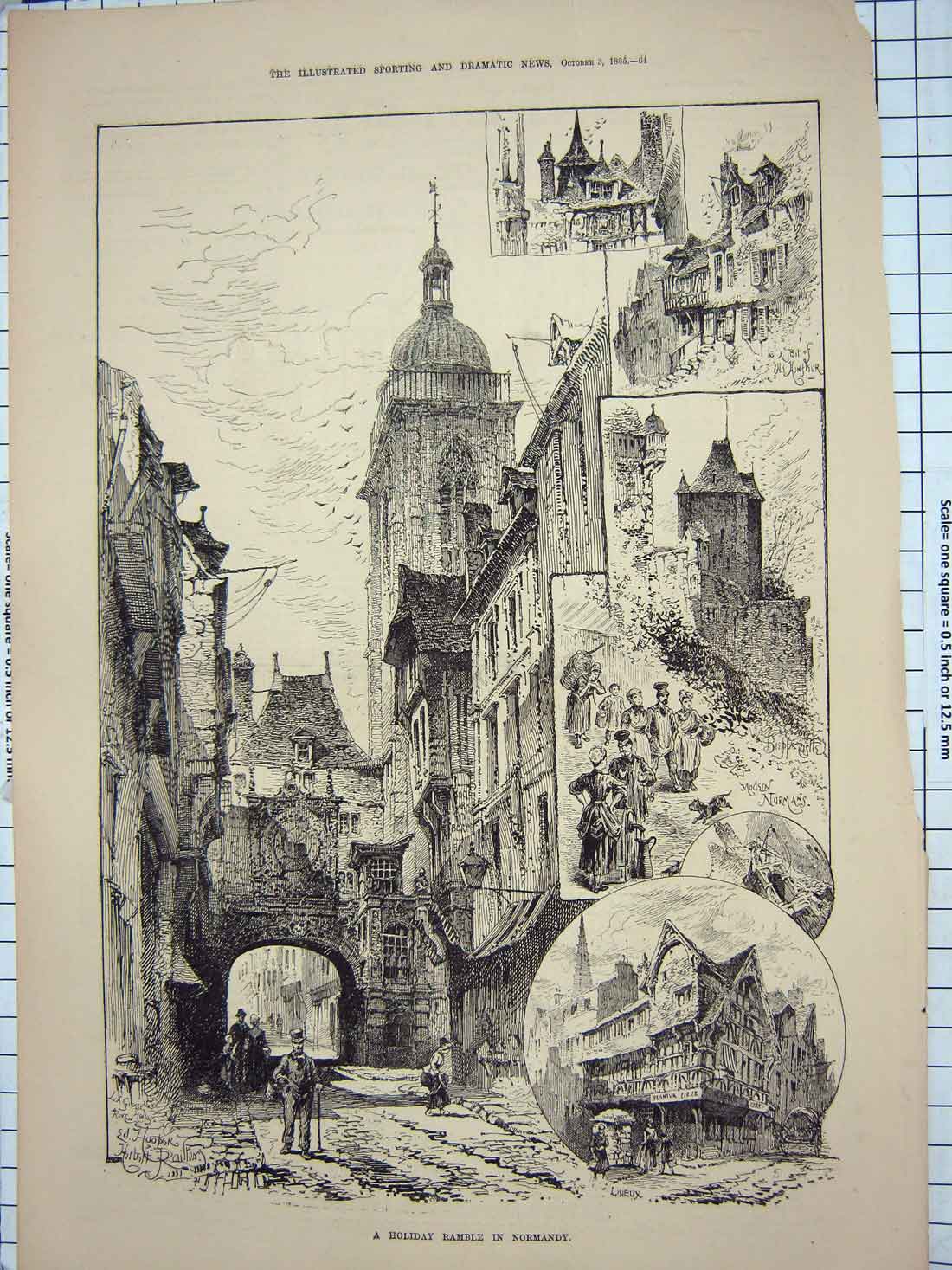 Original Old Antique Print 1885 Normandy France Lisieux Architecture Normans