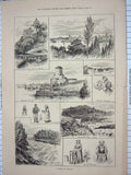 Original Old Antique Print 1885 Finland Wiberg Castle Peasants Pontarian Koski