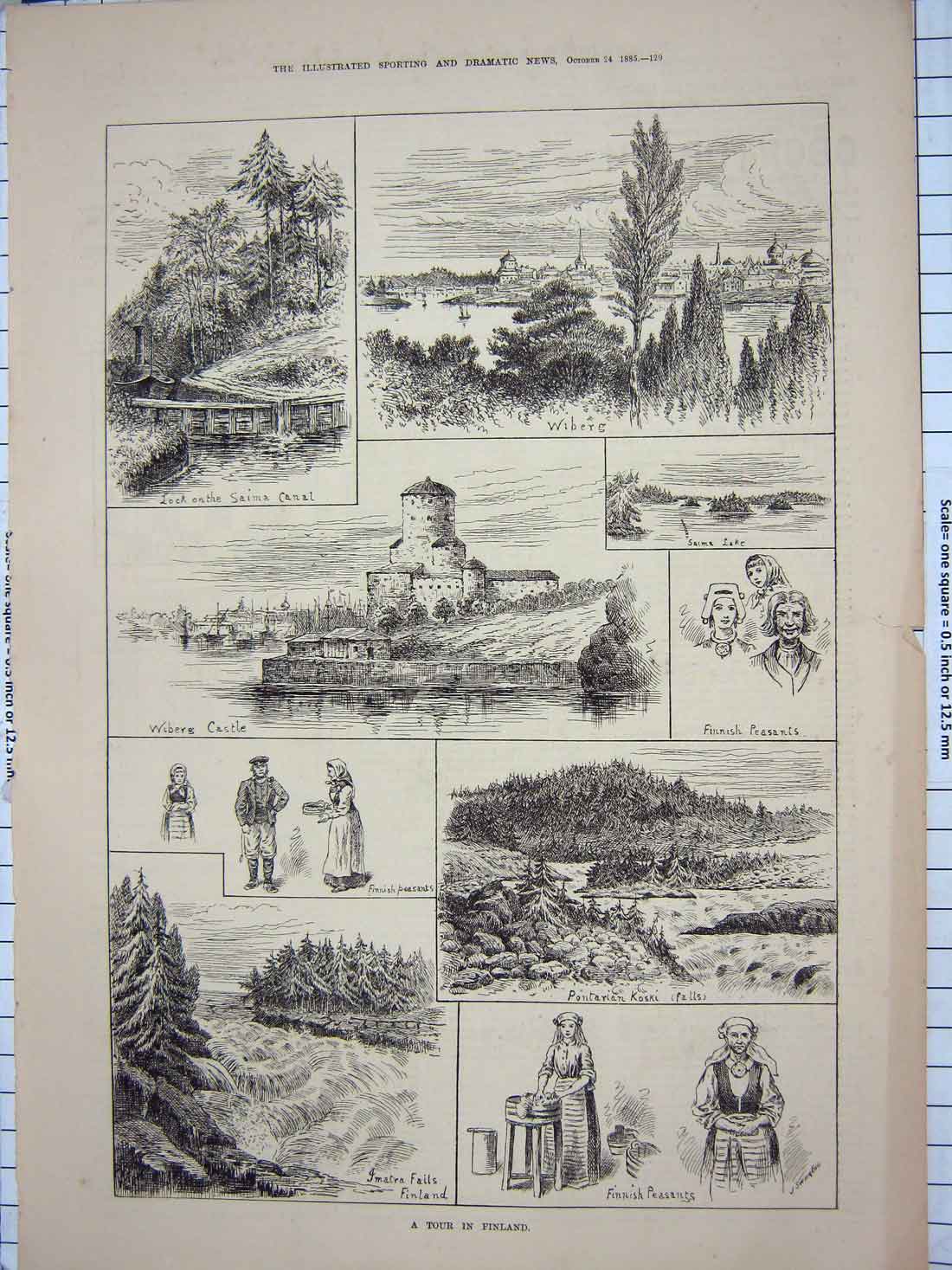 Original Old Antique Print 1885 Finland Wiberg Castle Peasants Pontarian Koski