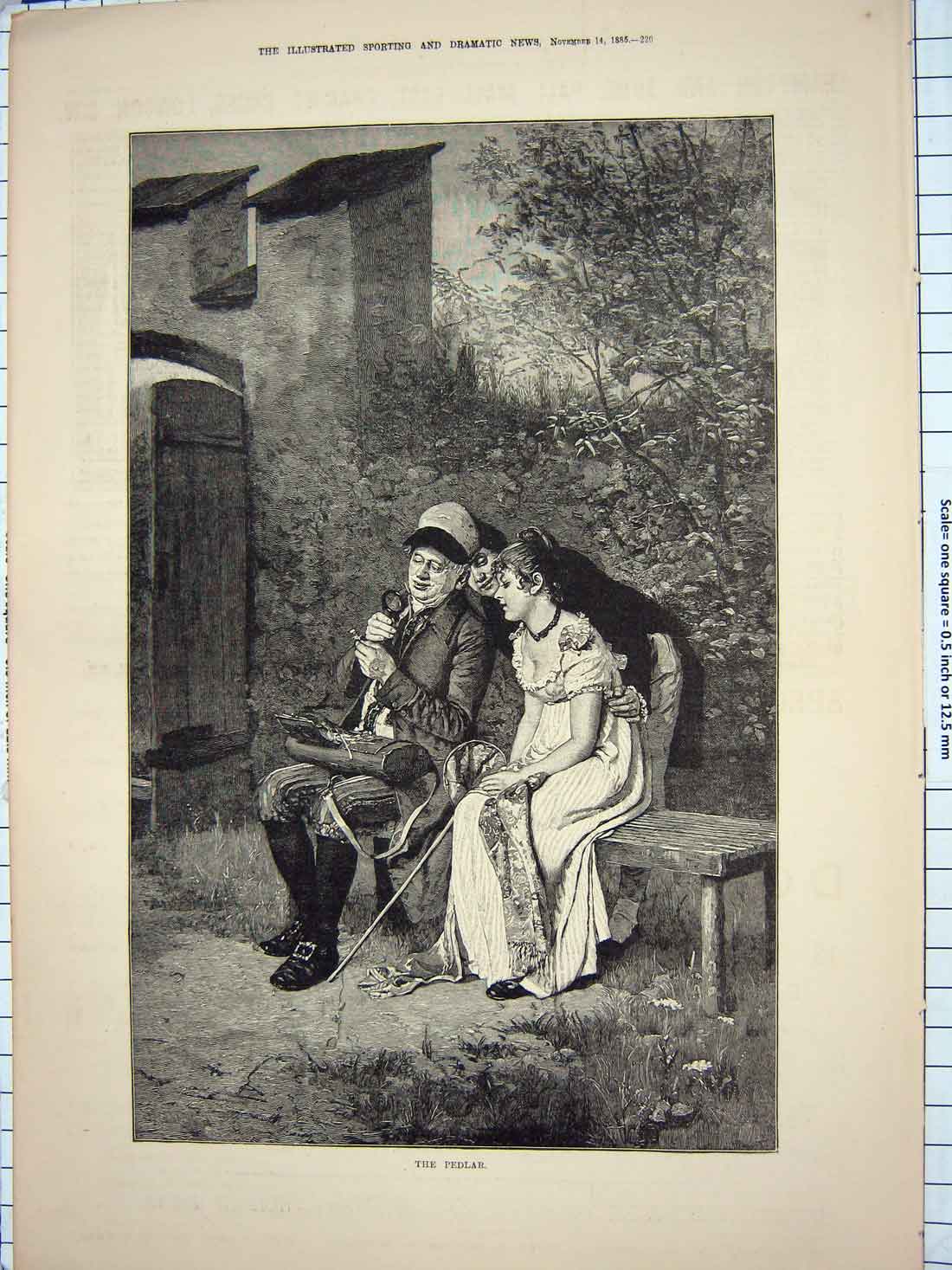 Original Old Antique Print 1885 Fine Art Pedlar Lady Man Seller Salesman 19th