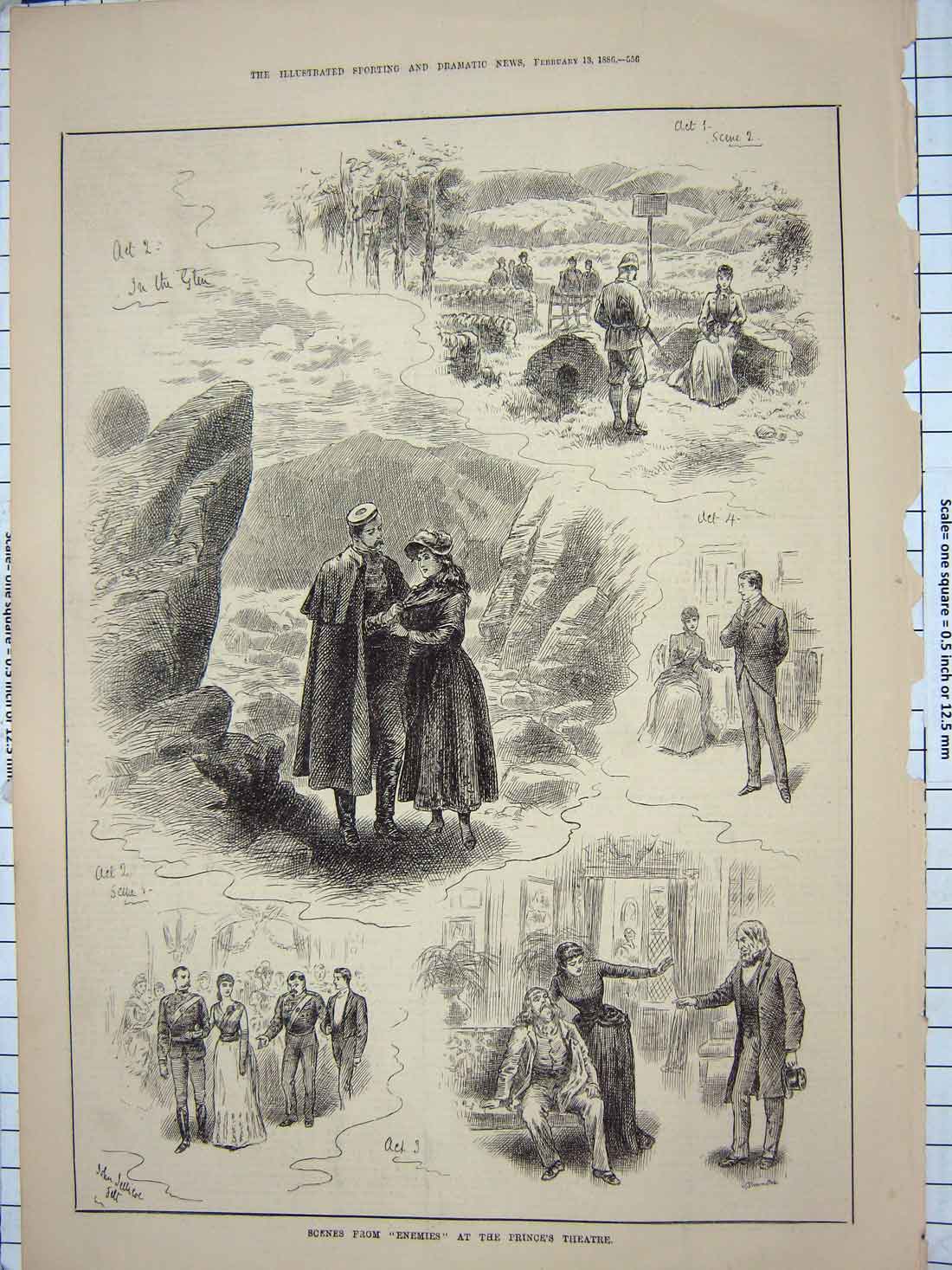 Original Old Antique Print 1886 Scene Enemies Prince'S Theatre Costumes Actors