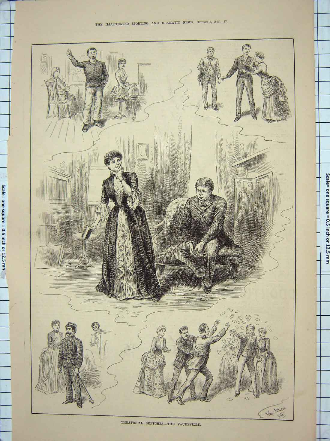 Original Old Antique Print 1885 Theatre Scenes Vaudeville Costumes Actors 19th