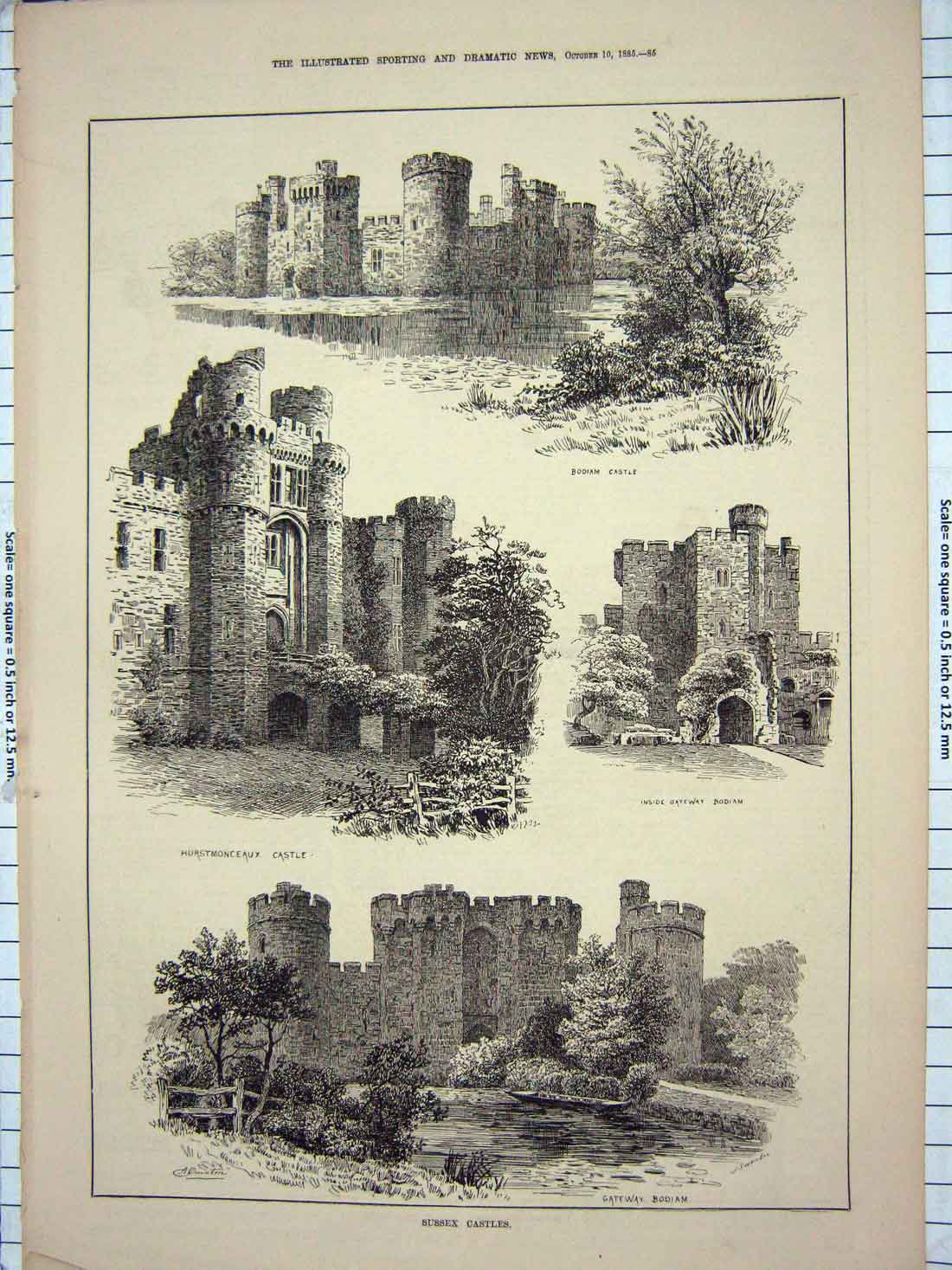 Original Old Antique Print 1885 Sussex Castle Gateway Bodham Hurstmonceaux 19th