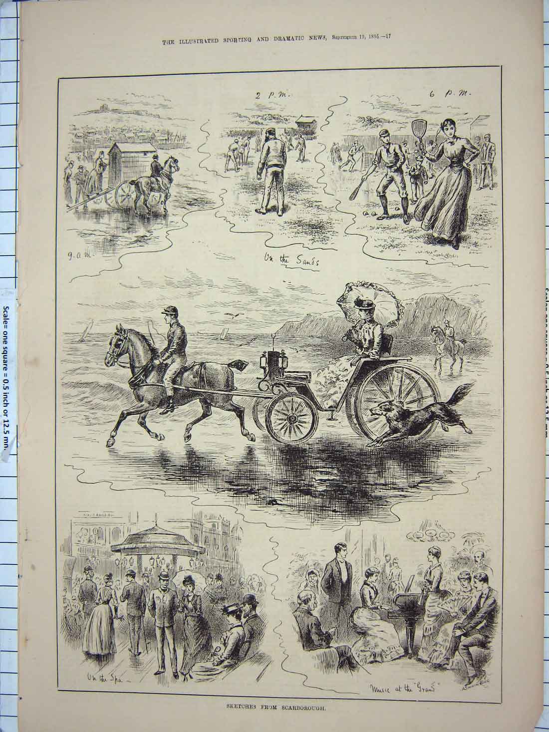 Original Old Antique Print 1885 Scarborough Sands Beach Resort England 19th