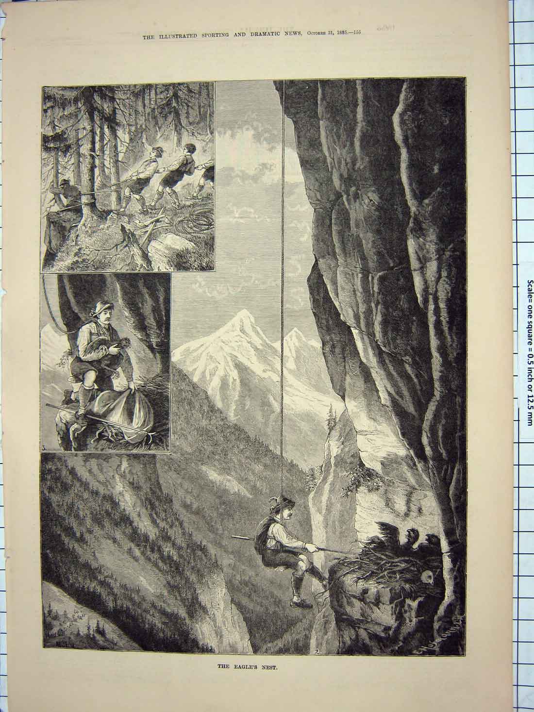 Original Old Antique Print 1885 Eagle'S Nest Mountain Climbing Fine Art 19th