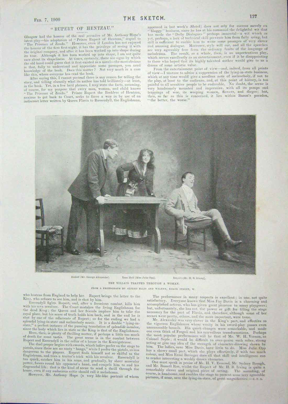Old Antique Print 1900 Rupert Hentzau Alexander Opp Irving Theatre Davis 20th