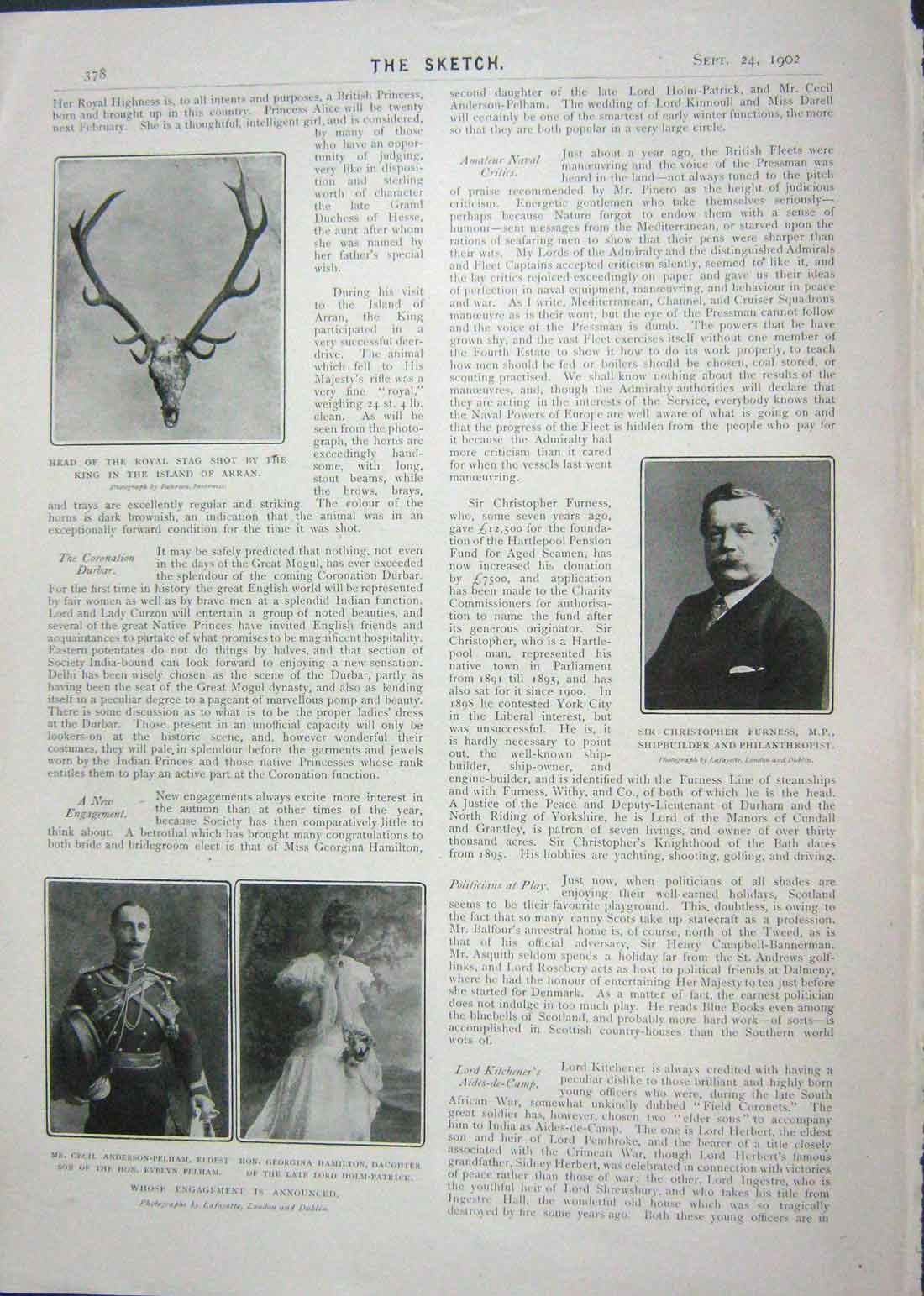 Old Antique Print 1902 Furness Shipbuilder Stag Arran Children Theatre 20th