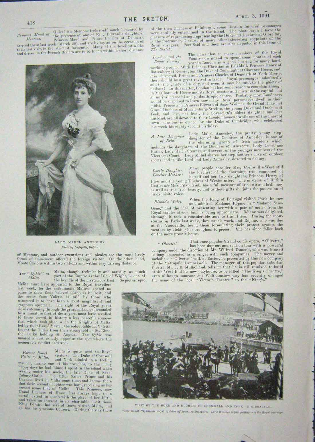 Old Antique Print 1901 Lday Mabel Annesley Duke Cornwall Gibraltar Yonge 20th