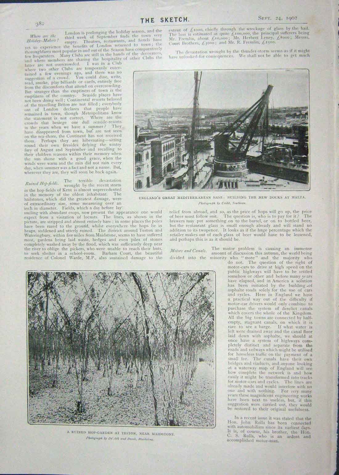 Old Antique Print 1902 Hop-Garden Maidstone Docks Malta Ship Good Hope 20th