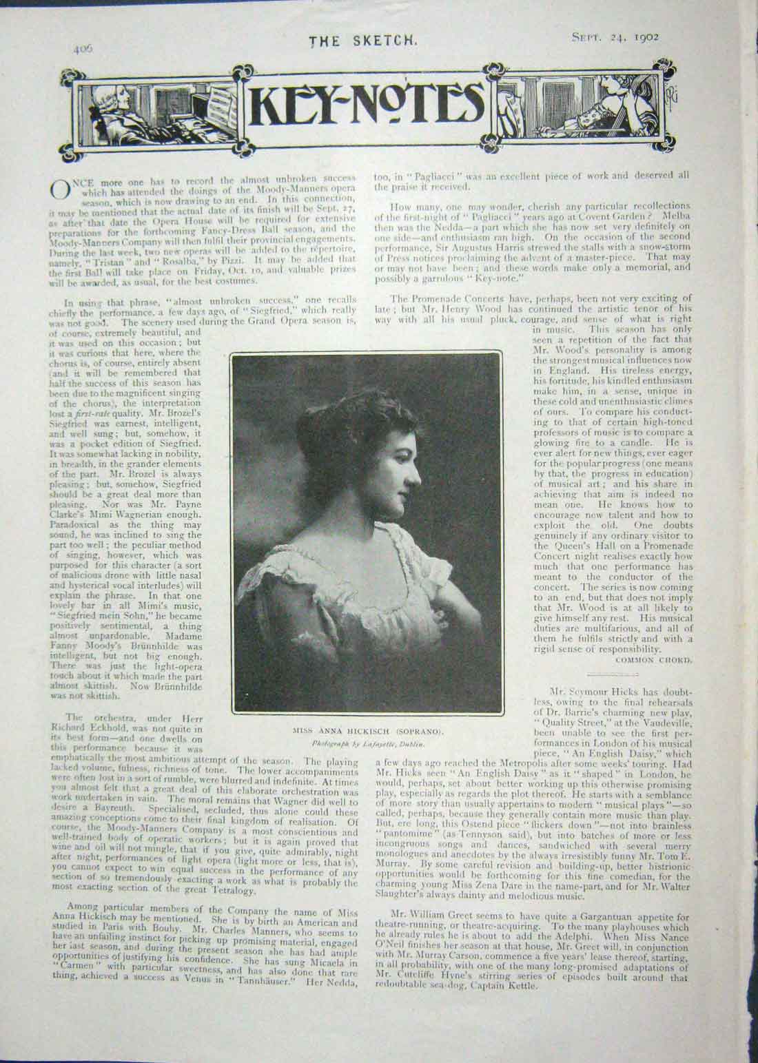 Original Old Antique Print 1902 Anna Hickisch Soprano Raleigh Ashwell Theatre