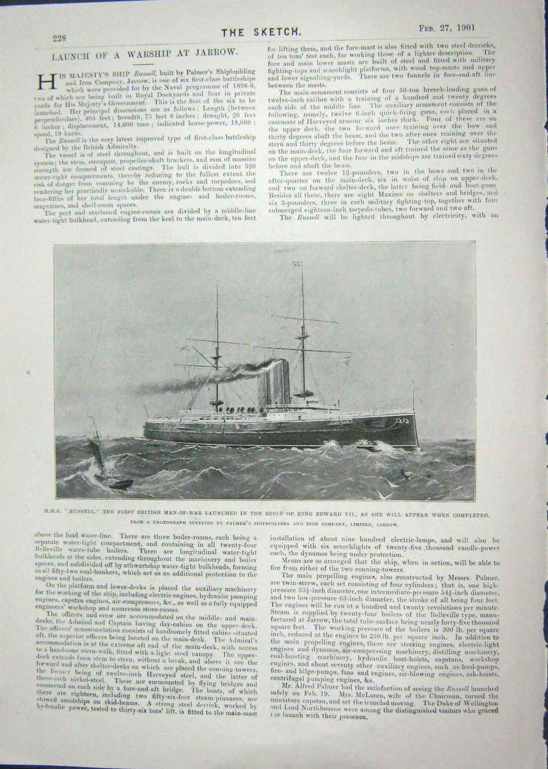 Original Old Antique Print 1901 Ship Russell British Man-Of-War Carnival Nice