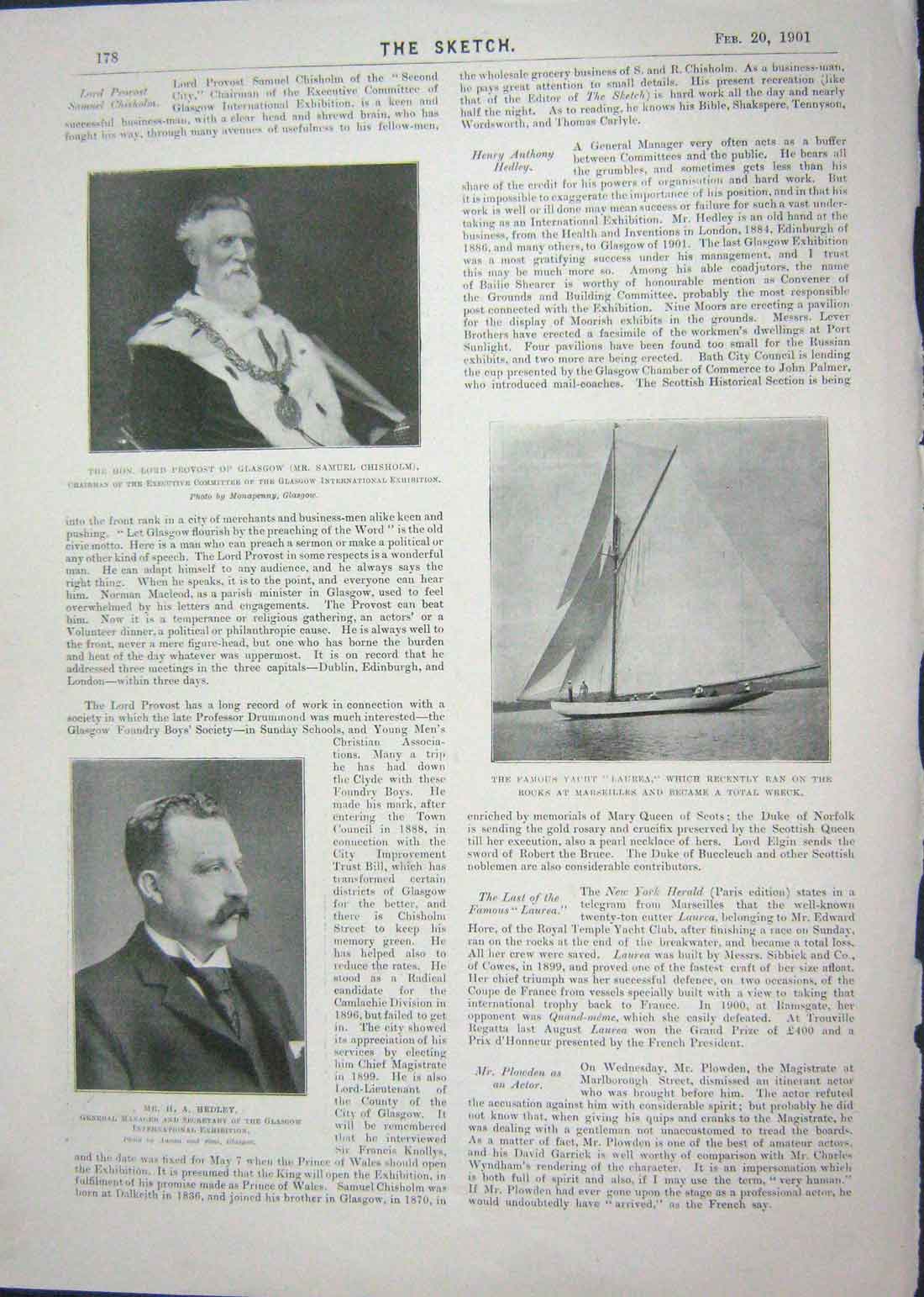Old Antique Print 1901 Provost Glasgow Hedley Yacht Laurea King Servia 20th