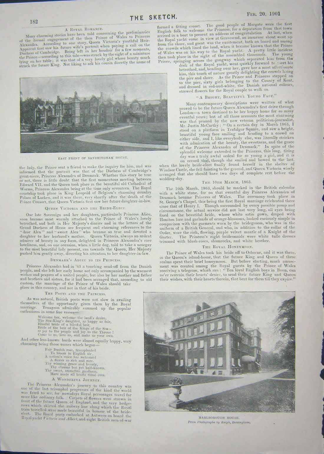 Original Old Antique Print 1901 Sandringham House Marlborough Queen Alexandra
