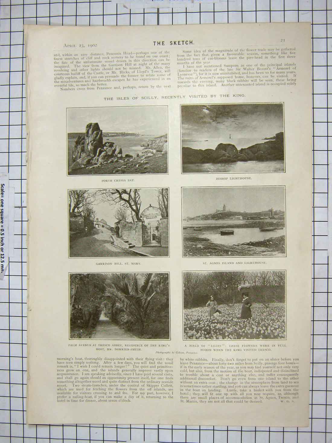 Old Antique Print 1902 Isles Scilly Porth Bay Garrison Lighthouse Agnes 20th