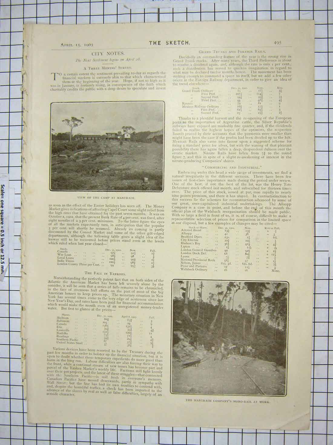 Original Old Antique Print 1903 Camp Mantraim Mono-Rail Work 20th Century