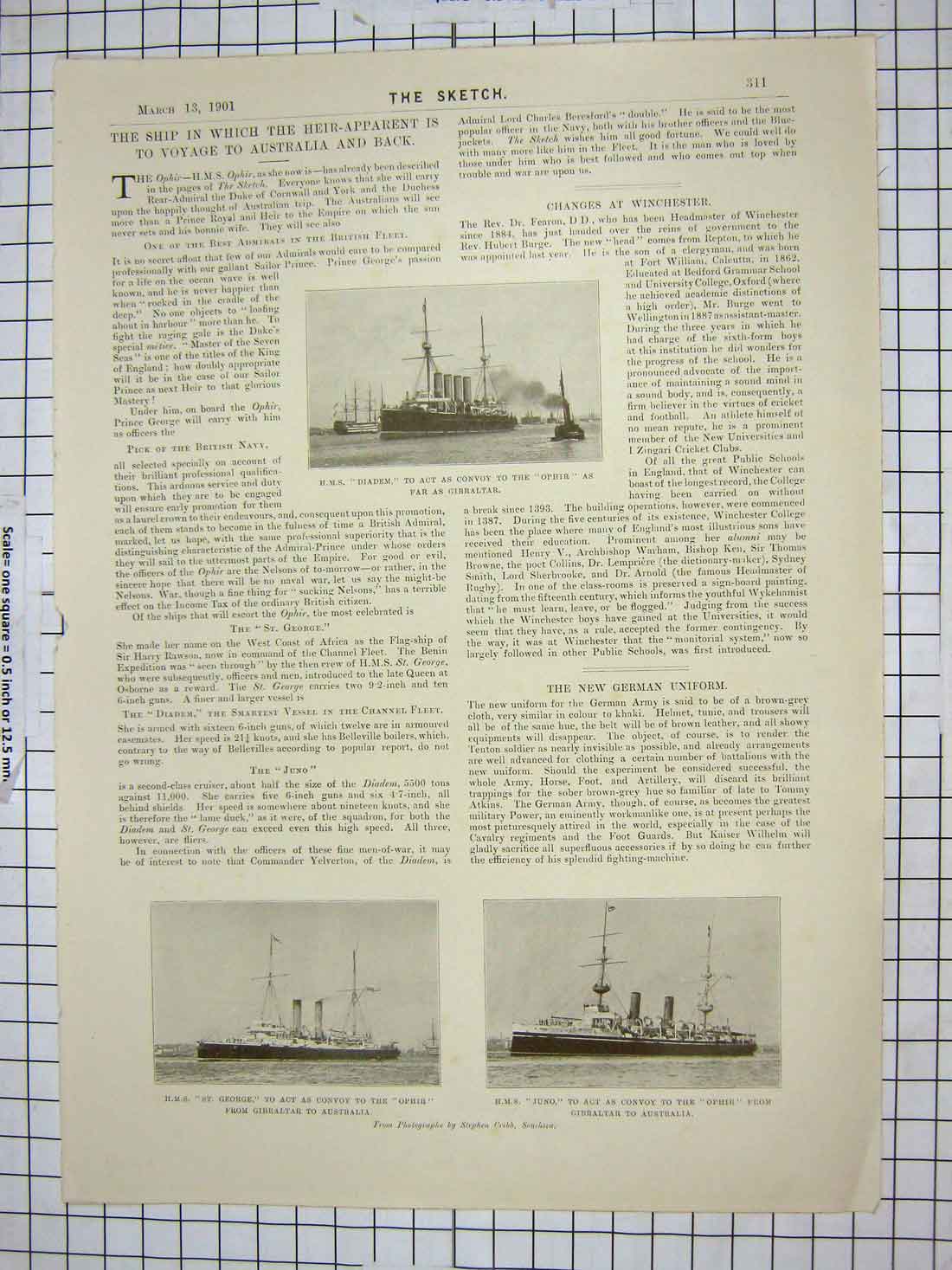 Old Antique Print 1901 Ship Diadem Ophir Juno George Gibraltar Australia 20th