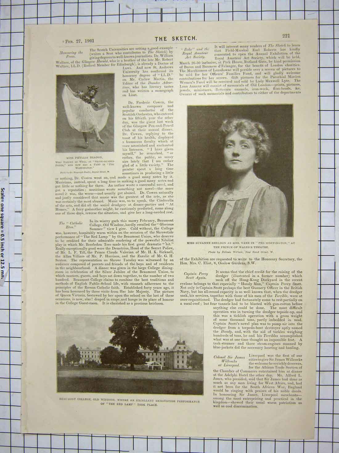 Old Antique Print 1901 Suzanne Sheldon Theatre Beaumont Windsor College 20th