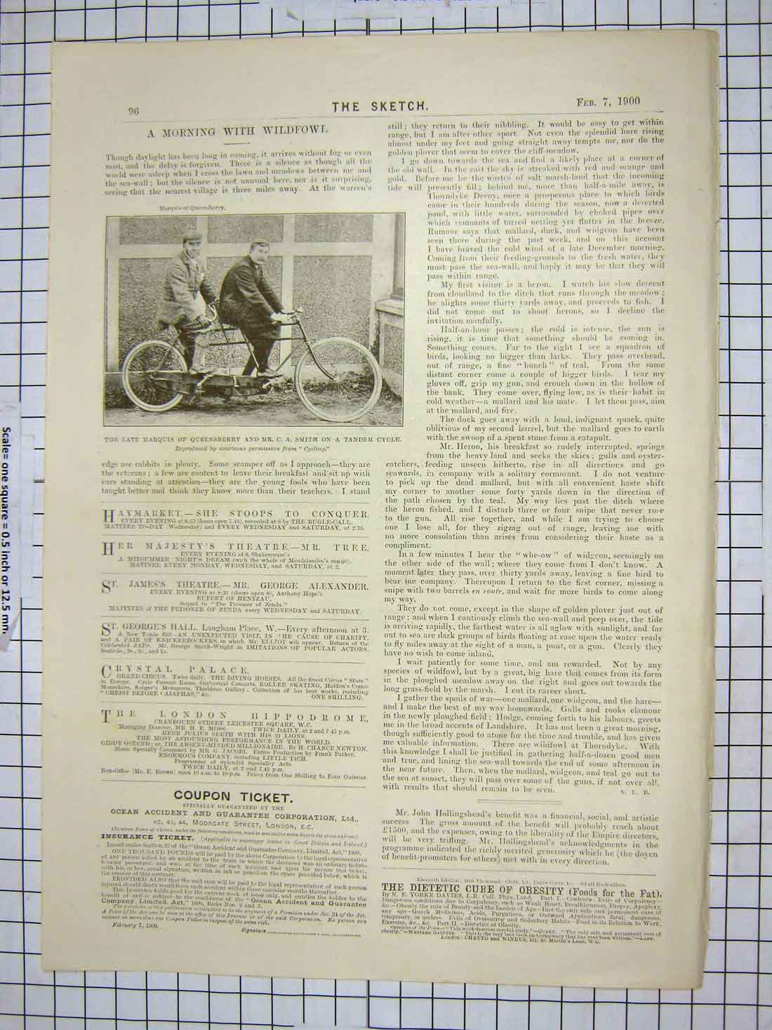 Original Old Antique Print 1900 Marquis Queensberry Mr. Smith Tandem Cycle 20th