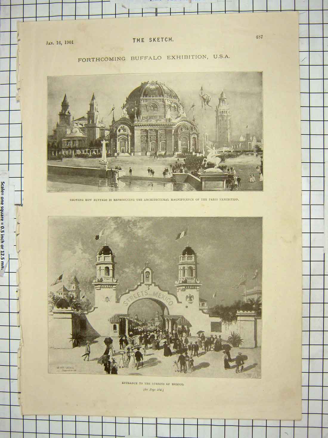 Original Old Antique Print 1901 Buffalo Exhibition America Mexico Architecture