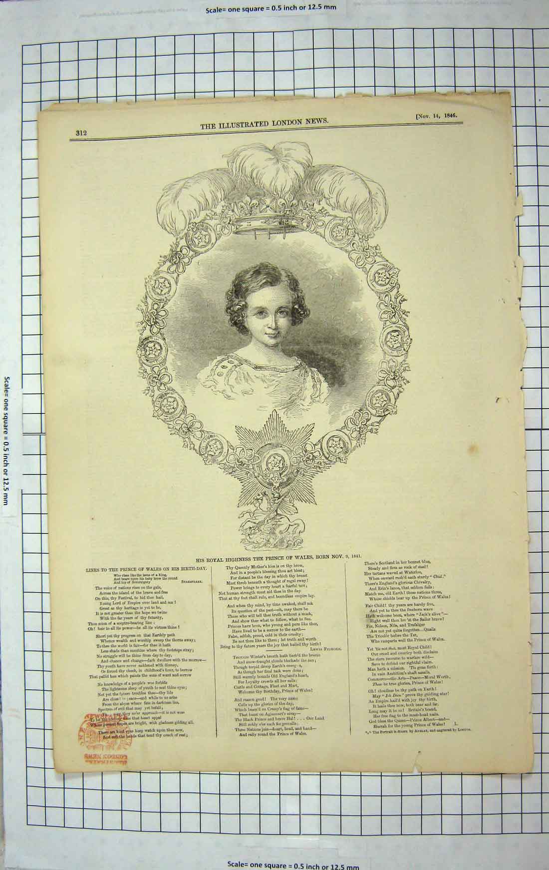 Original Old Antique Print 1846 Portrait His Royal Highness Prince Wales 19th