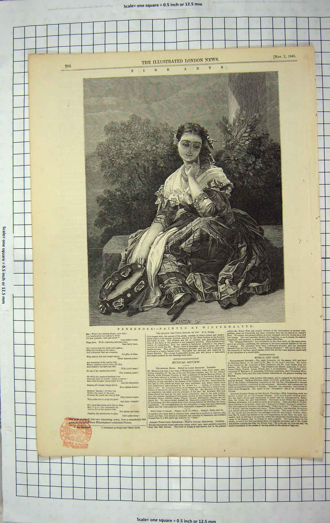 Original Old Antique Print 1846 Fine Art Penserosa Beautiful Girl Winterhalter