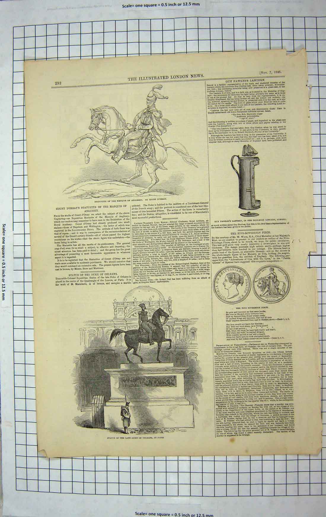Original Old Antique Print 1846 Statue Marquis Alnglesey Orleans Fawkes Lantern