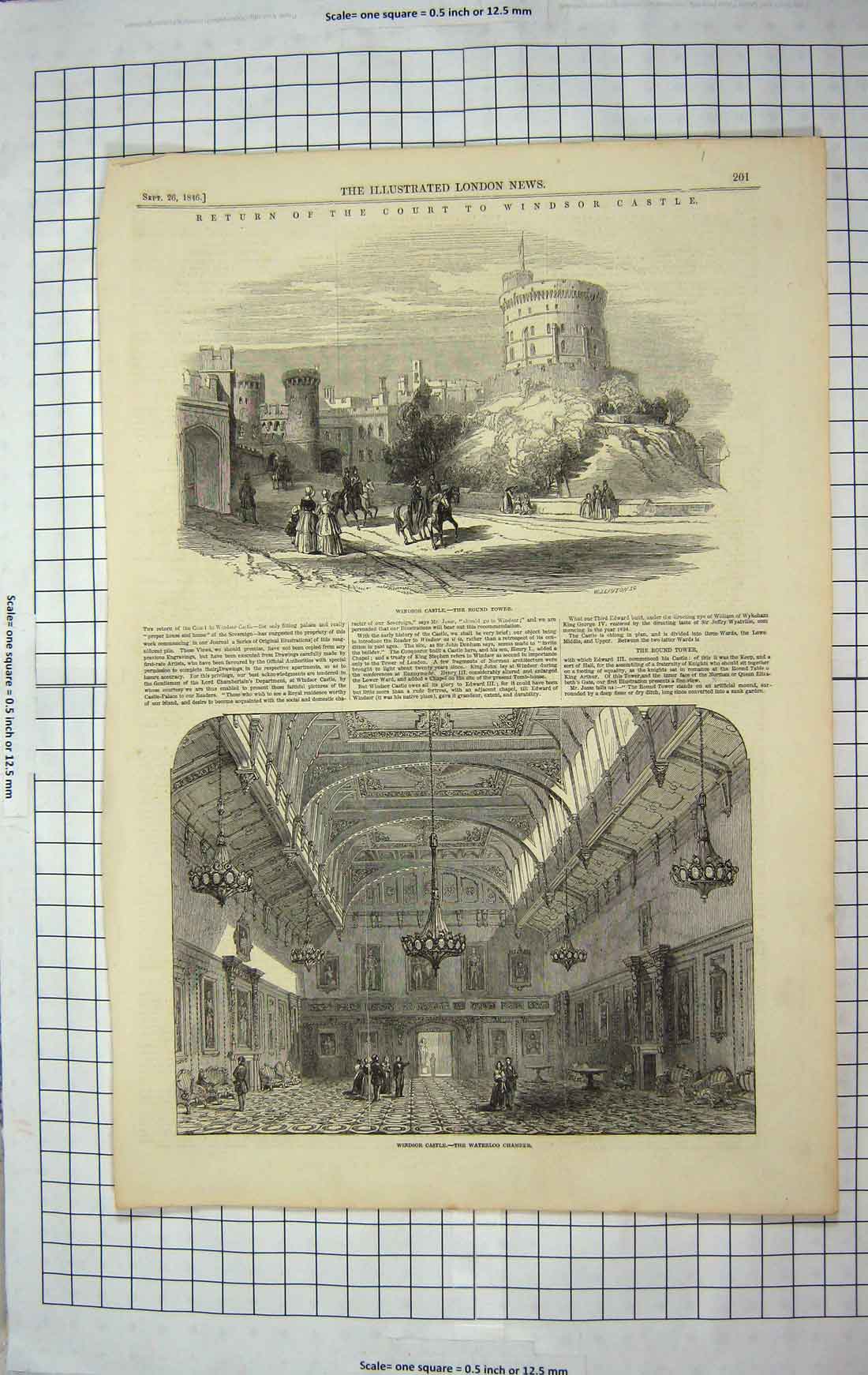 Original Old Antique Print 1846 Windsor Castle Round Tower Waterloo Chamber