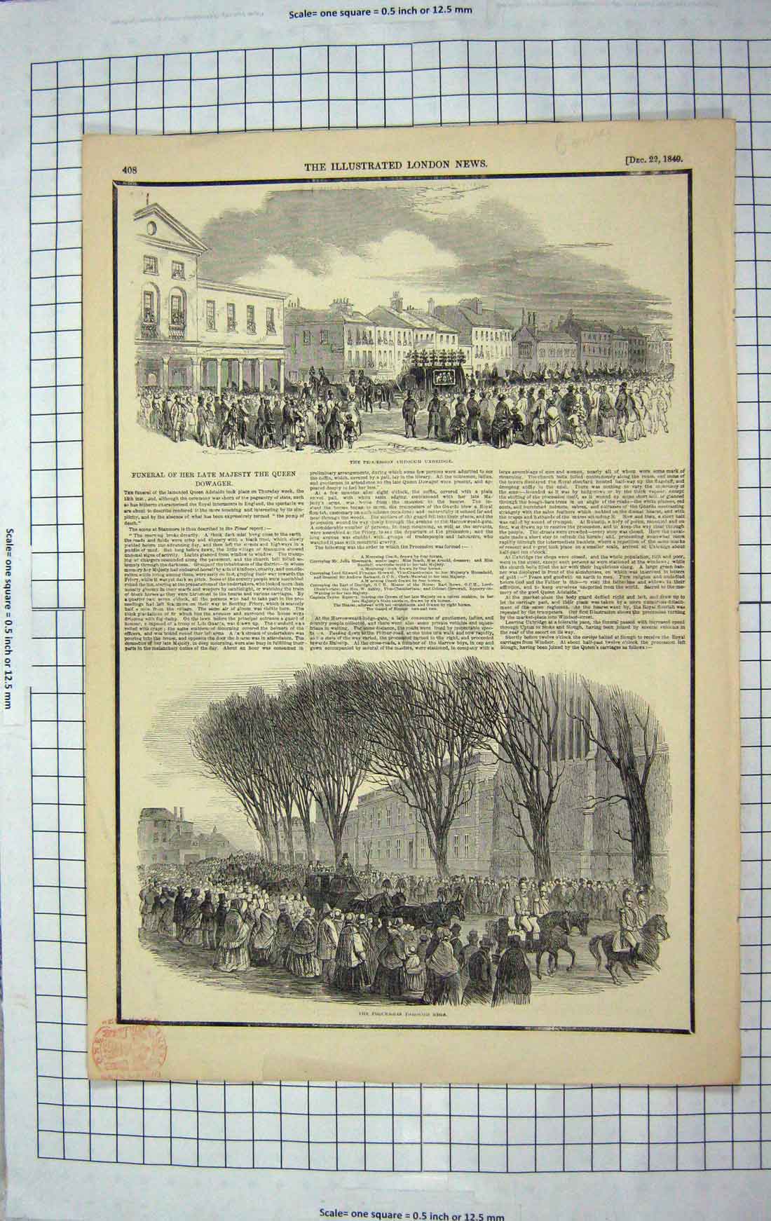 Original Old Antique Print 1849 Funeral Majesty Queen Dowager Eton Uxbridge