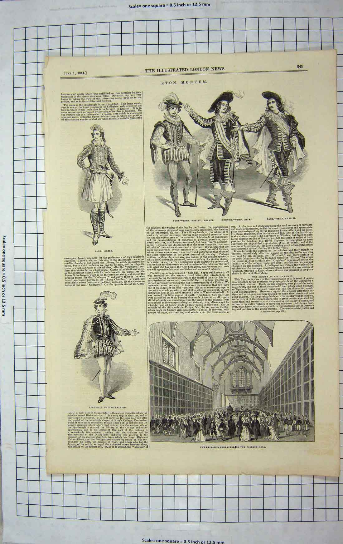 Original Old Antique Print 1844 Eton Montem Greek Page Walter Raleigh College