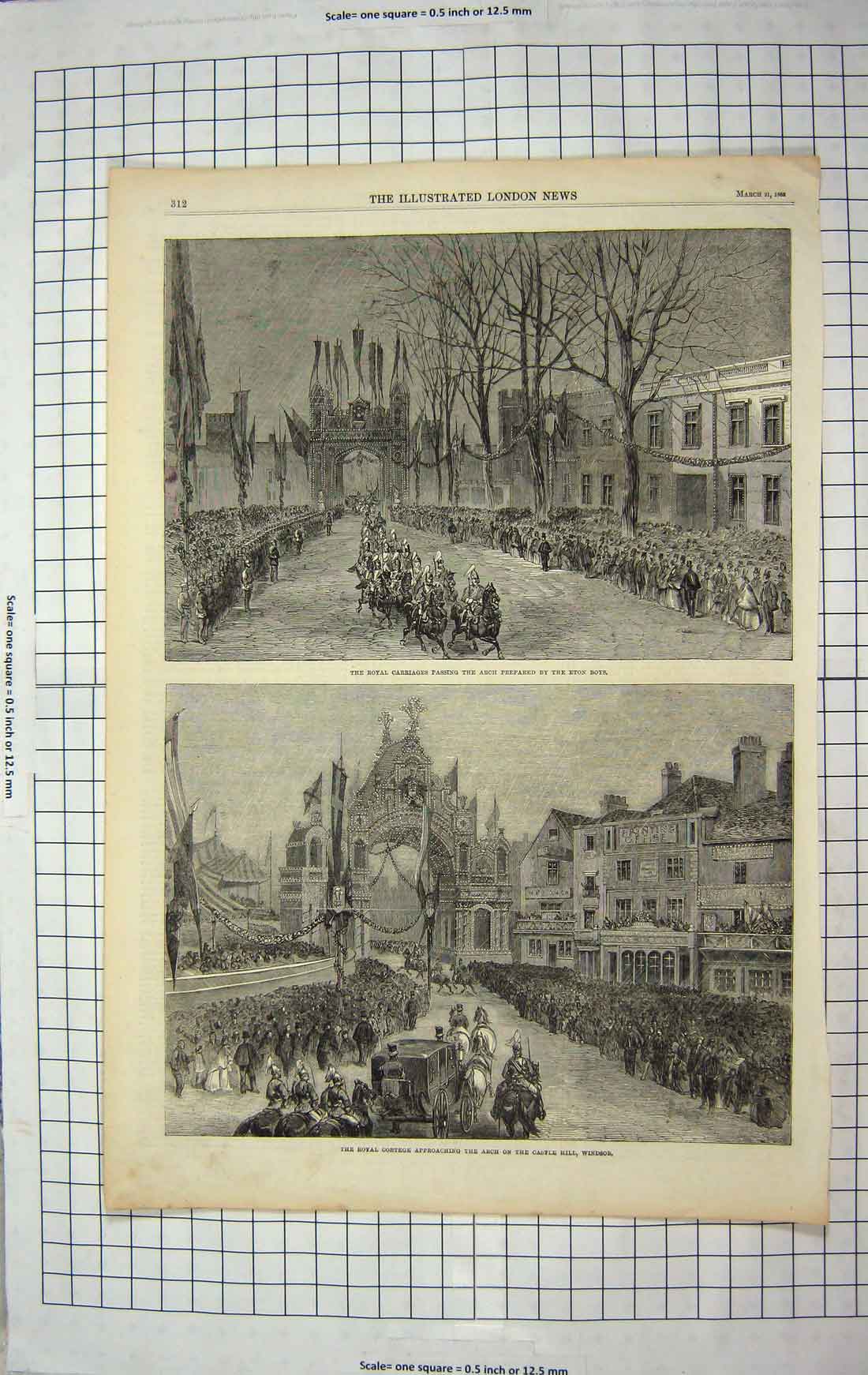 Original Old Antique Print 1863 Royal Cortege Arch Castle Hill Windsor Castle