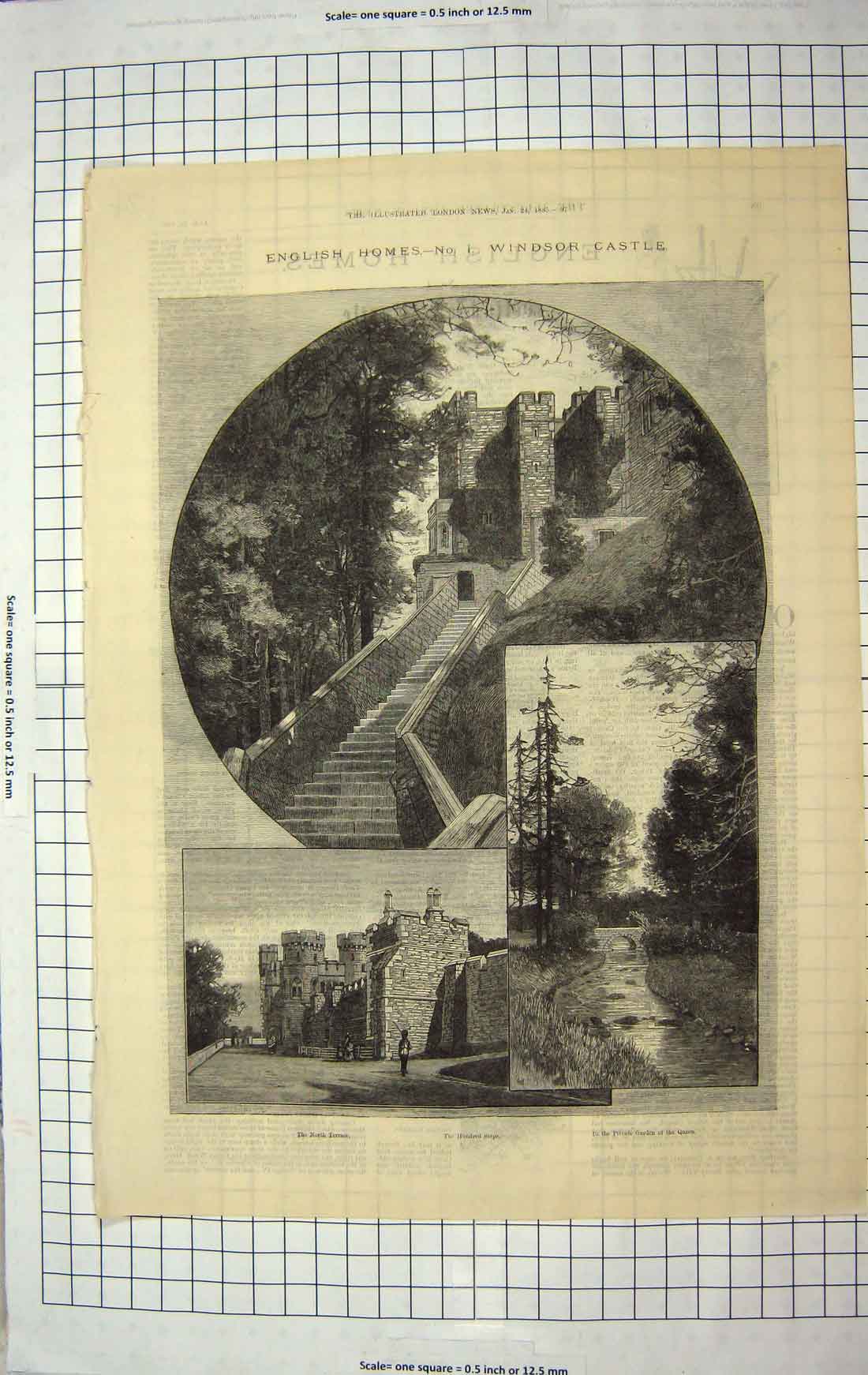 Old Antique Print 1885 Windsor Castle North Terrace Garden Hundred Steps 19th
