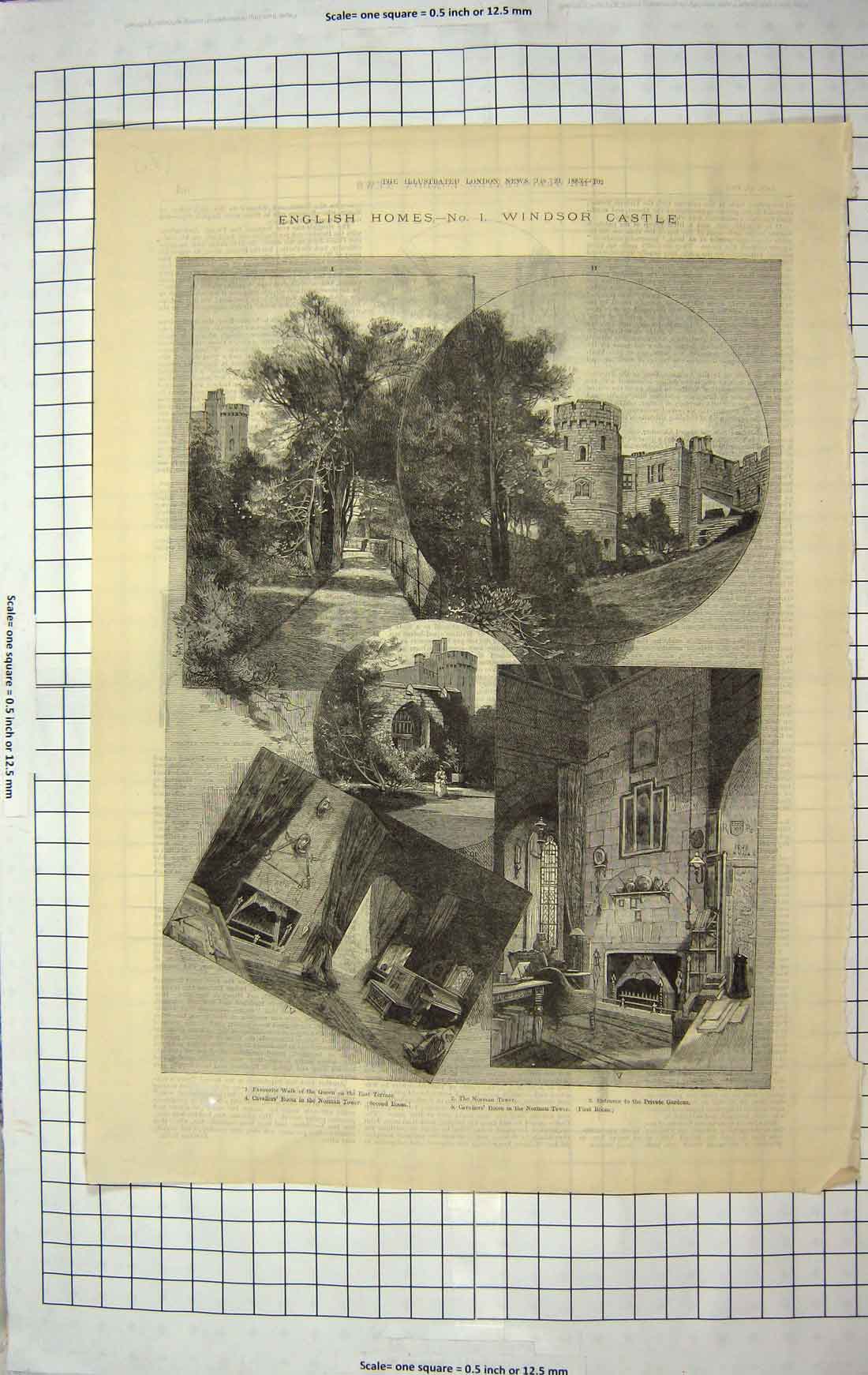 Original Old Antique Print 1885 Windsor Castle Norman Tower Cavaliers Room 19th